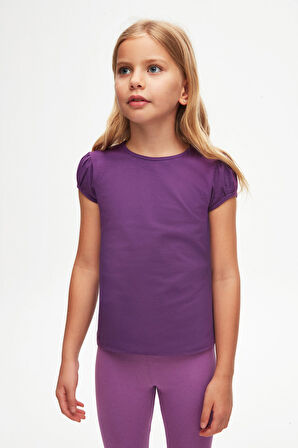 Mor Basic Kız Çocuk Sıfır Yaka Karpuz Kol Tişört