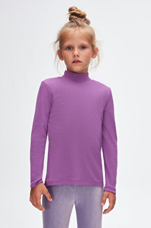 Açık Mor Basic Kışlık Yarım Balıkçı Yaka Uzun Kollu Kız Çocuk Tişört