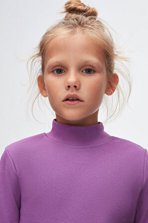 Açık Mor Basic Kışlık Yarım Balıkçı Yaka Uzun Kollu Kız Çocuk Tişört