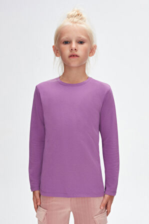 Açık Mor Basic Unisex Çocuk Mevsimlik Sıfır Yaka Uzun Kollu Tişört