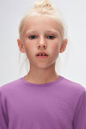 Açık Mor Basic Unisex Çocuk Mevsimlik Sıfır Yaka Uzun Kollu Tişört