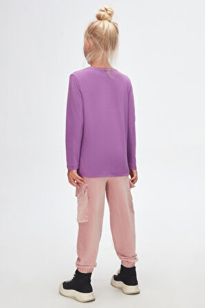 Açık Mor Basic Unisex Çocuk Mevsimlik Sıfır Yaka Uzun Kollu Tişört