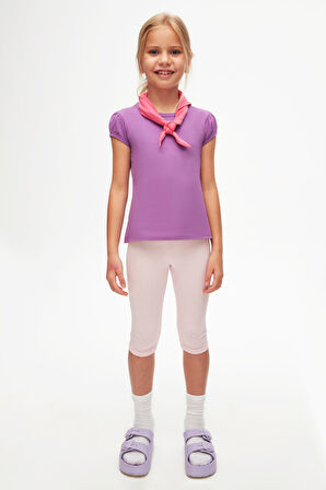 Açık Mor Basic Kız Çocuk Sıfır Yaka Karpuz Kol Tişört