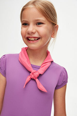 Açık Mor Basic Kız Çocuk Sıfır Yaka Karpuz Kol Tişört