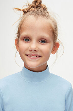 Koyu Mavi Basic Kışlık Yarım Balıkçı Yaka Uzun Kollu Kız Çocuk Tişört