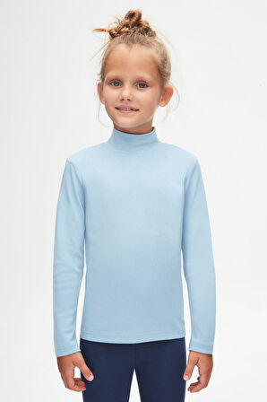 Koyu Mavi Basic Kışlık Yarım Balıkçı Yaka Uzun Kollu Kız Çocuk Tişört