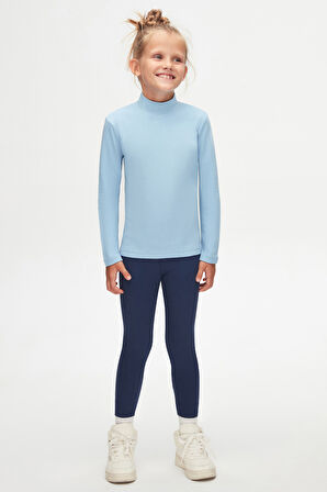 Koyu Mavi Basic Kışlık Yarım Balıkçı Yaka Uzun Kollu Kız Çocuk Tişört