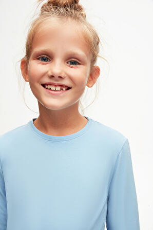 Koyu Mavi Basic Unisex Çocuk Mevsimlik Sıfır Yaka Uzun Kollu Tişört