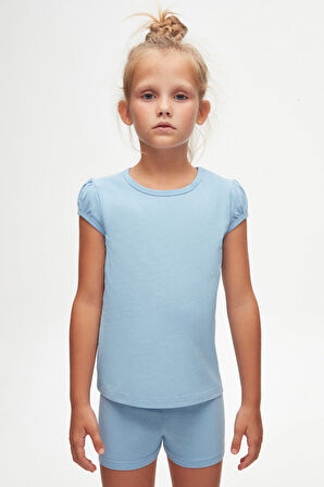 Koyu Mavi Basic Kız Çocuk Sıfır Yaka Karpuz Kol Tişört