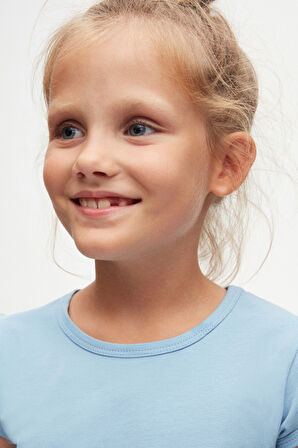 Koyu Mavi Basic Kız Çocuk Sıfır Yaka Karpuz Kol Tişört