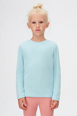 Bebek Mavisi Basic Kışlık Sıfır Yaka Uzun Kollu Kız Çocuk Tişört