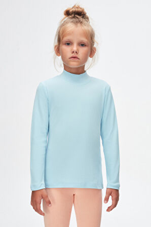 Bebek Mavisi Basic Kışlık Yarım Balıkçı Yaka Uzun Kollu Kız Çocuk Tişört