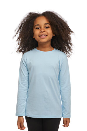 Bebek Mavisi Basic Unisex Çocuk Mevsimlik Sıfır Yaka Uzun Kollu Tişört