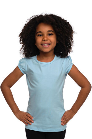 Bebek Mavisi Basic Kız Çocuk Sıfır Yaka Karpuz Kol Tişört