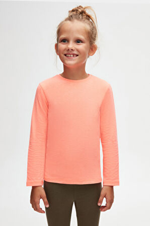Fosfor Turuncu Basic Unisex Çocuk Mevsimlik Sıfır Yaka Uzun Kollu Tişört