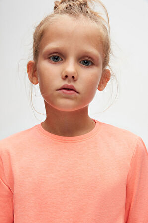 Fosfor Turuncu Basic Unisex Çocuk Mevsimlik Sıfır Yaka Uzun Kollu Tişört