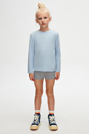 Mavi Melanj Basic Unisex Çocuk Mevsimlik Sıfır Yaka Uzun Kollu Tişört