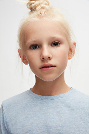 Mavi Melanj Basic Unisex Çocuk Mevsimlik Sıfır Yaka Uzun Kollu Tişört