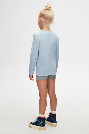 Mavi Melanj Basic Unisex Çocuk Mevsimlik Sıfır Yaka Uzun Kollu Tişört