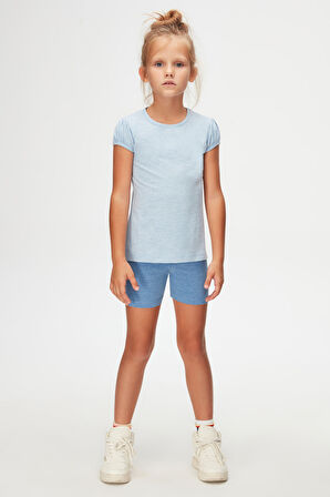 Mavi Melanj Basic Kız Çocuk Sıfır Yaka Karpuz Kol Tişört