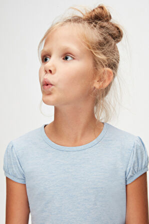 Mavi Melanj Basic Kız Çocuk Sıfır Yaka Karpuz Kol Tişört