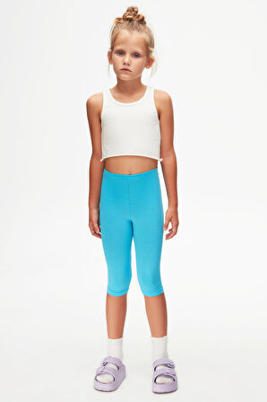 Okyanus Mavi Kız Çocuk Düz Basıc Diz Altı Kapri