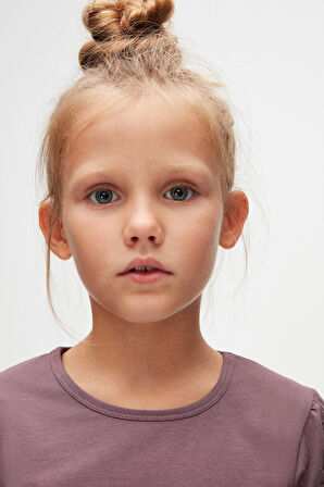 Soft Mor Kız Çocuk Sıfır Yaka Karpuz Kol Tişört