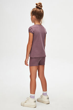 Soft Mor Kız Çocuk Sıfır Yaka Karpuz Kol Tişört