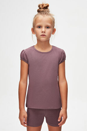 Soft Mor Kız Çocuk Sıfır Yaka Karpuz Kol Tişört