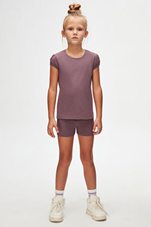 Soft Mor Kız Çocuk Sıfır Yaka Karpuz Kol Tişört