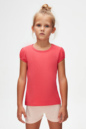 Nar Çiçeği Basic Kız Çocuk Sıfır Yaka Karpuz Kol Tişört