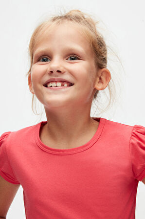 Nar Çiçeği Basic Kız Çocuk Sıfır Yaka Karpuz Kol Tişört