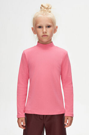 Şeker pembe Basic Kışlık Yarım Balıkçı Yaka Uzun Kollu Kız Çocuk Tişört