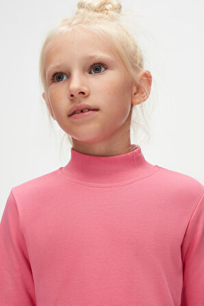 Şeker pembe Basic Kışlık Yarım Balıkçı Yaka Uzun Kollu Kız Çocuk Tişört