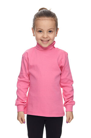 Şeker pembe Basic Kız Çocuk Çıtçıtlı Tam Balıkçı Yaka Şardonlu Kışlık Uzun Kollu Tişört