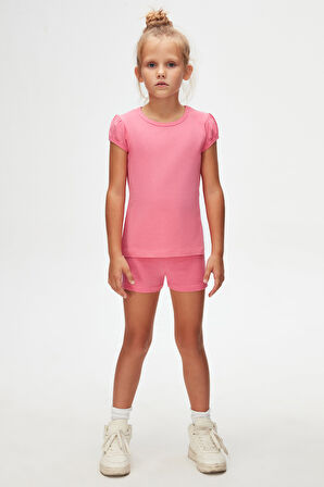 Şeker pembe Basic Kız Çocuk Sıfır Yaka Karpuz Kol Tişört