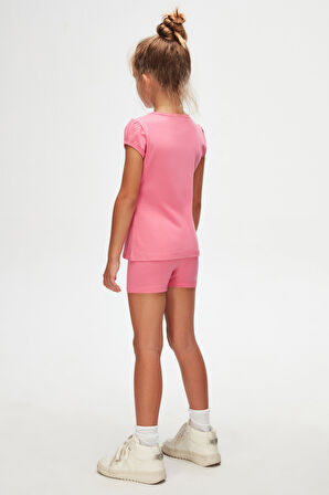 Şeker pembe Basic Kız Çocuk Sıfır Yaka Karpuz Kol Tişört