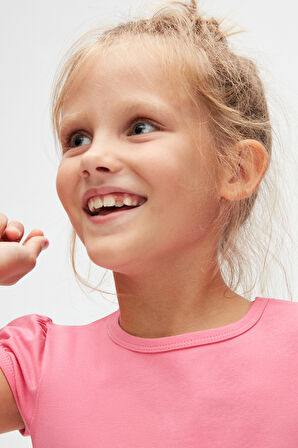 Şeker pembe Basic Kız Çocuk Sıfır Yaka Karpuz Kol Tişört