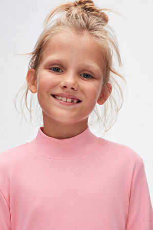 Pembe Basic Kışlık Yarım Balıkçı Yaka Uzun Kollu Kız Çocuk Tişört