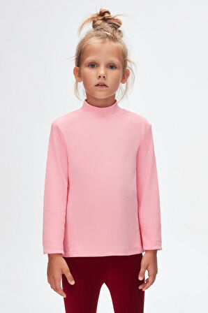 Pembe Basic Kışlık Yarım Balıkçı Yaka Uzun Kollu Kız Çocuk Tişört