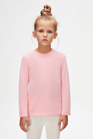 Pembe Basic Unisex Çocuk Mevsimlik Sıfır Yaka Uzun Kollu Tişört