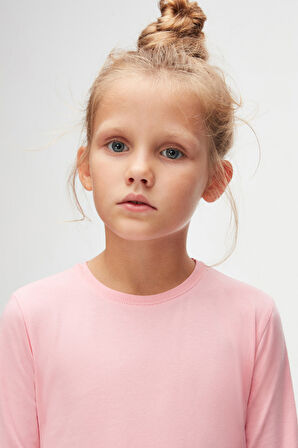 Pembe Basic Unisex Çocuk Mevsimlik Sıfır Yaka Uzun Kollu Tişört