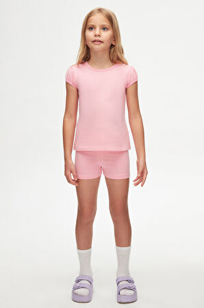 Pembe Basic Kız Çocuk Sıfır Yaka Karpuz Kol Tişört