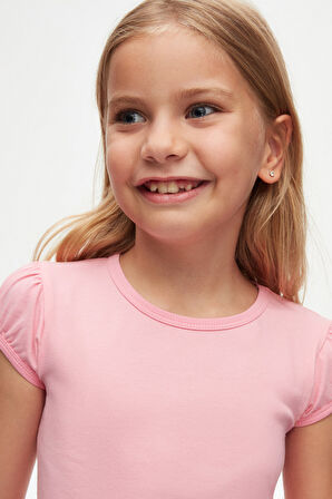 Pembe Basic Kız Çocuk Sıfır Yaka Karpuz Kol Tişört