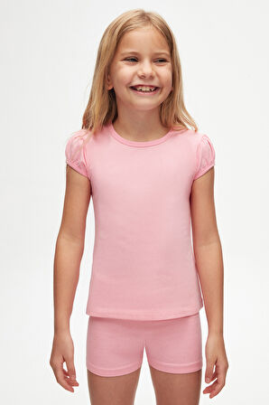 Pembe Basic Kız Çocuk Sıfır Yaka Karpuz Kol Tişört
