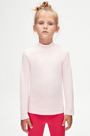 Uçuk pembe Basic Kışlık Yarım Balıkçı Yaka Uzun Kollu Kız Çocuk Tişört