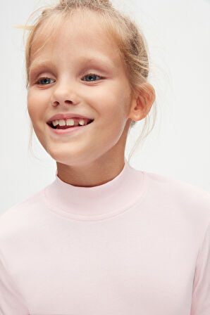 Uçuk pembe Basic Kışlık Yarım Balıkçı Yaka Uzun Kollu Kız Çocuk Tişört