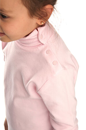 Uçuk pembe Basic Kız Çocuk Çıtçıtlı Tam Balıkçı Yaka Şardonlu Kışlık Uzun Kollu Tişört