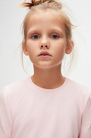 Uçuk pembe Basic Unisex Çocuk Mevsimlik Sıfır Yaka Uzun Kollu Tişört