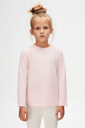 Uçuk pembe Basic Unisex Çocuk Mevsimlik Sıfır Yaka Uzun Kollu Tişört